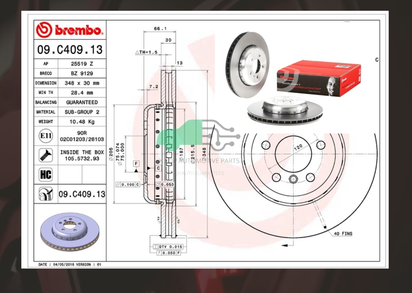 09 C409 13 จานเบรคหน้า (ยี่ห้อ BREMBO) BMW ซีรี่ส์ 5 F10 (525d 528i 530d ActiveHybrid) (HC) 10->