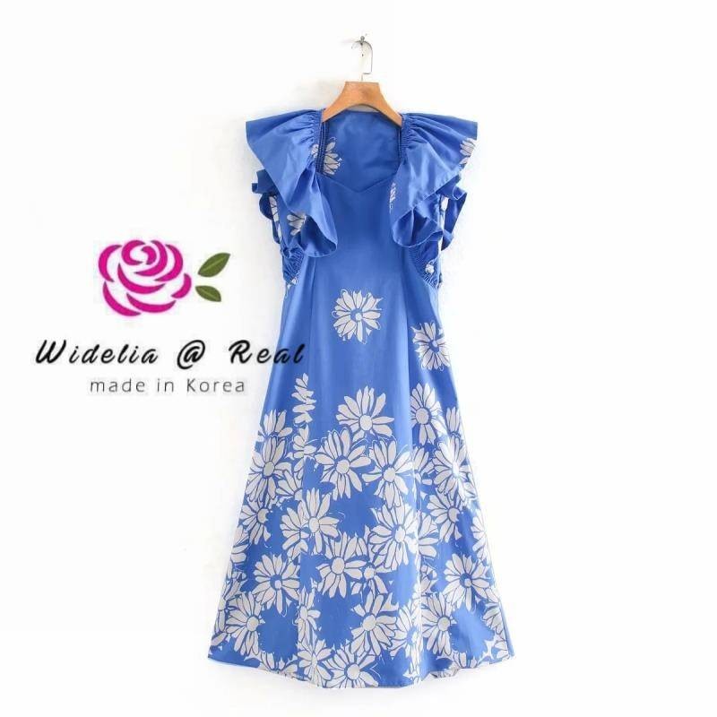 ZR Dress เดรสตัวยาวสีฟ้าลายดอกสีขาวตัดกับสีพื้นของเนื้อผ้าแบบลงตัวสุดๆ