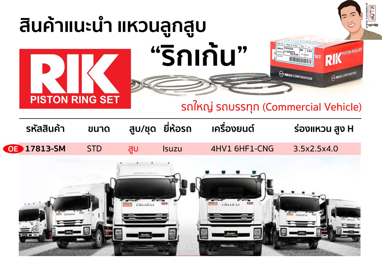 OE 17813-SM แหวนลูกสูบ(RIK-ริกเก้น) ขนาด STD สูบ Isuzu เครื่องยนต์ 4HV1 6HF1-CNG ร่องแหวน สูง H 3.5x2.5x4.0