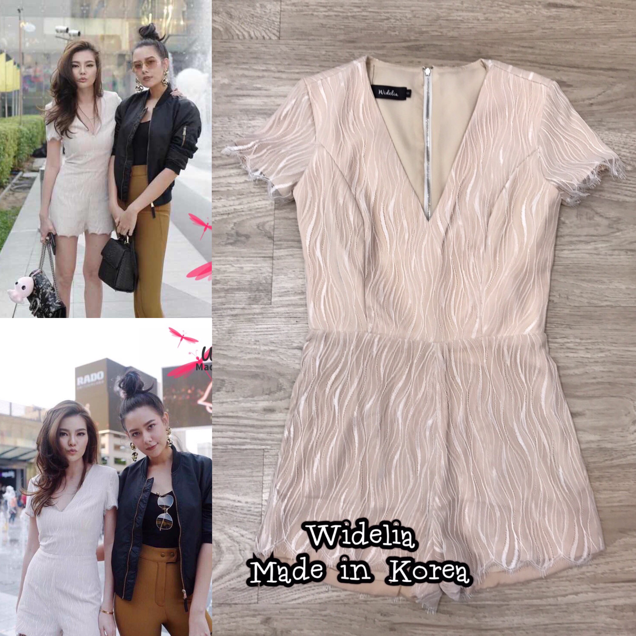 *พร้อมส่ง*PCN Jumpsuitขาสั้นคอวี ผ้าลูกไม้ลายริ้ว
