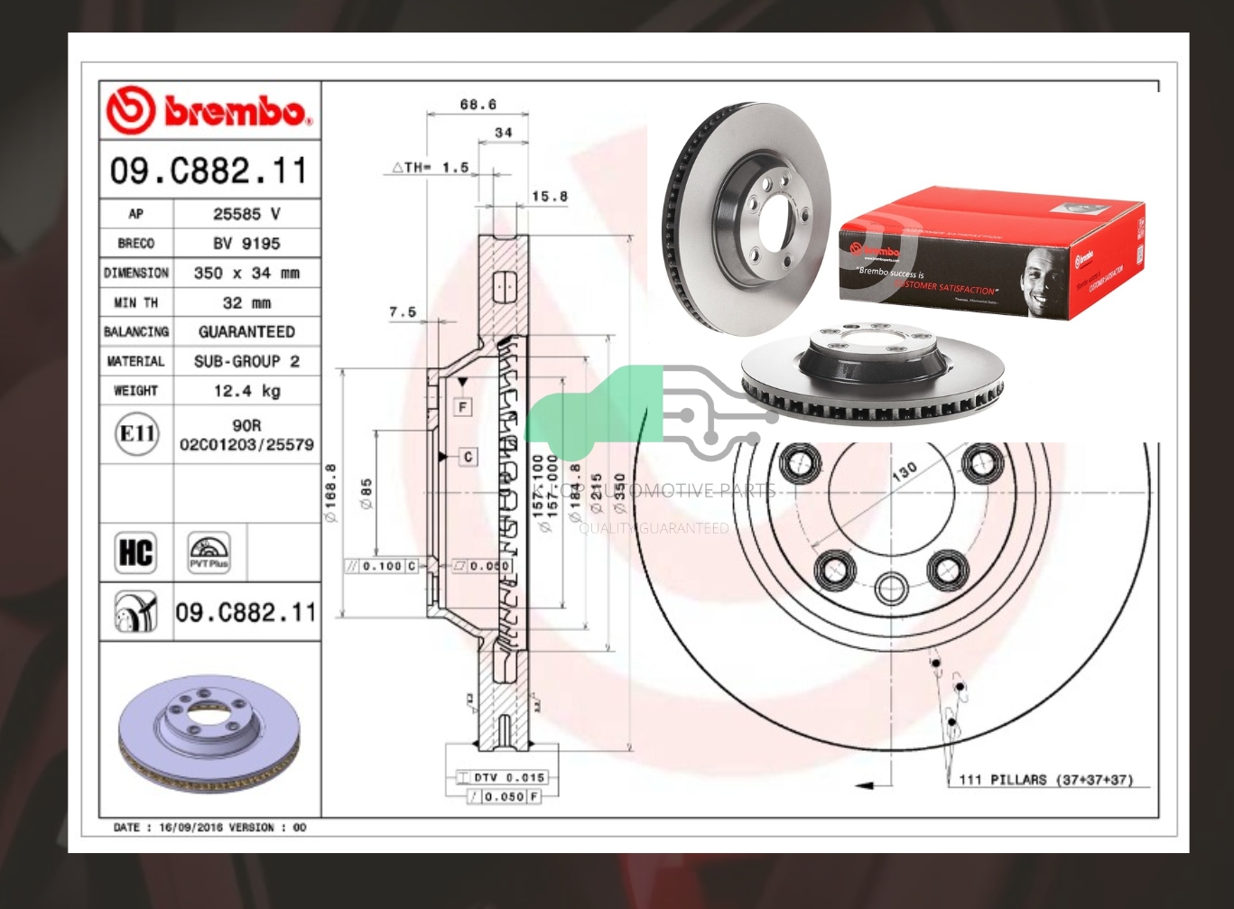 09 C882 11 จานเบรคหน้า (ยี่ห้อ BREMBO) Audi Q7 (3.0 3.6 4.2 TFSI TDI) Quattro 4LB (HC)/CAYENNE 9PA (3.2 4.5 4.8), 92A (3.0S Hyb 3.6 3.6S GTS 4.8S GTS 4.8T 3.0 Diesel) (HC)