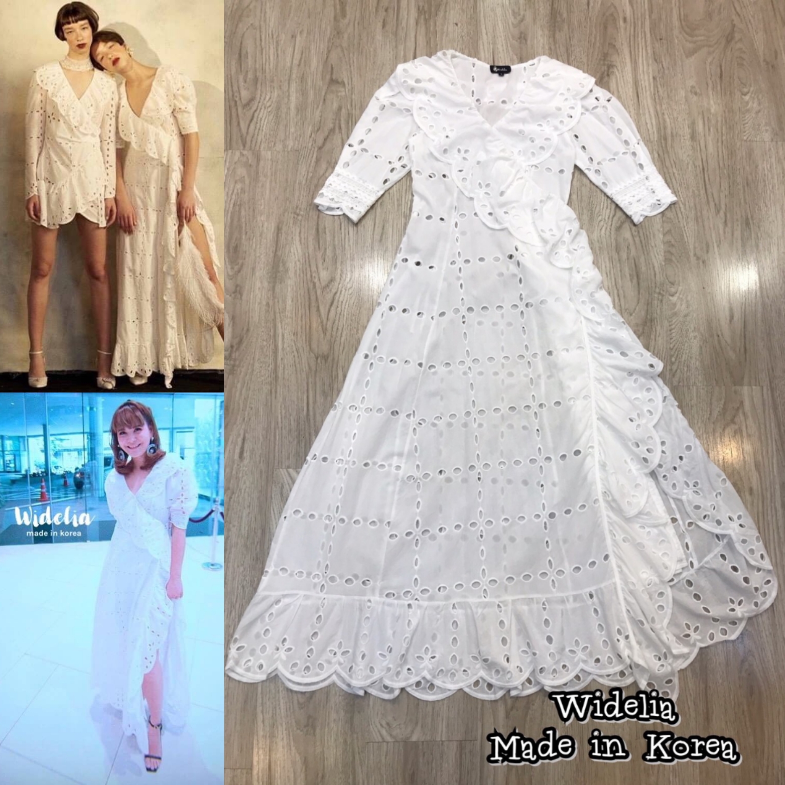 LM Dress::เดรสลูกไม้คอวีผ้าcottonอย่างดีปักลายฉลุเน้นๆไม่ลดเส้นด้าย