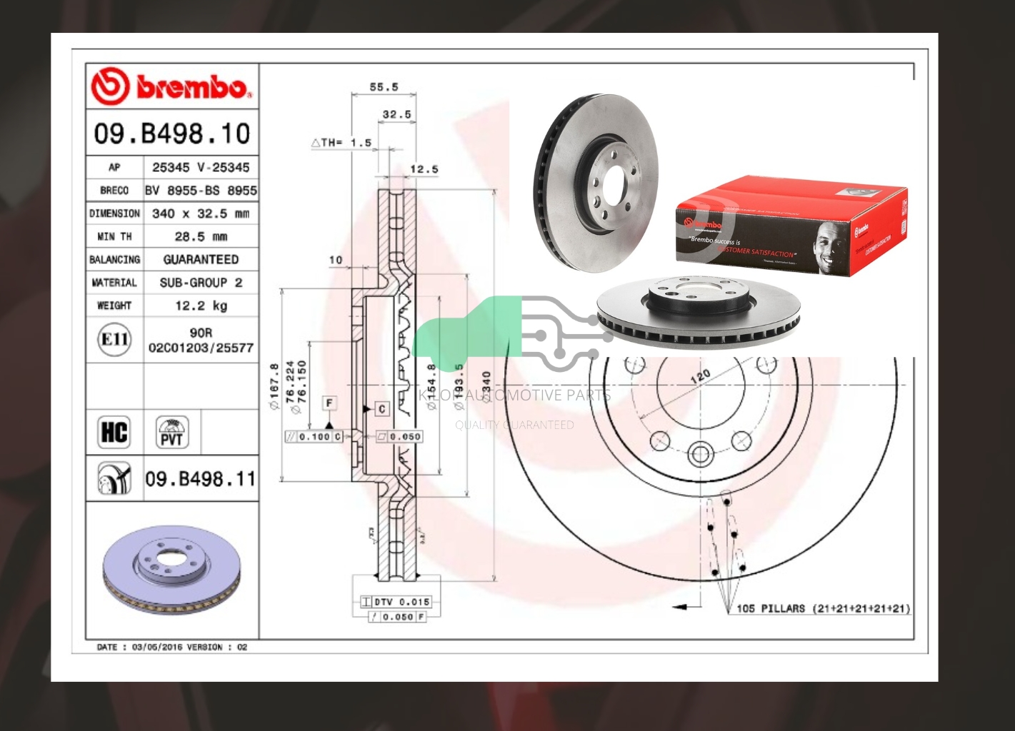 09 B498 11 จานเบรคหน้า (ยี่ห้อ BREMBO) VW Caravelle T5, T6 (HC) 03-> '15->