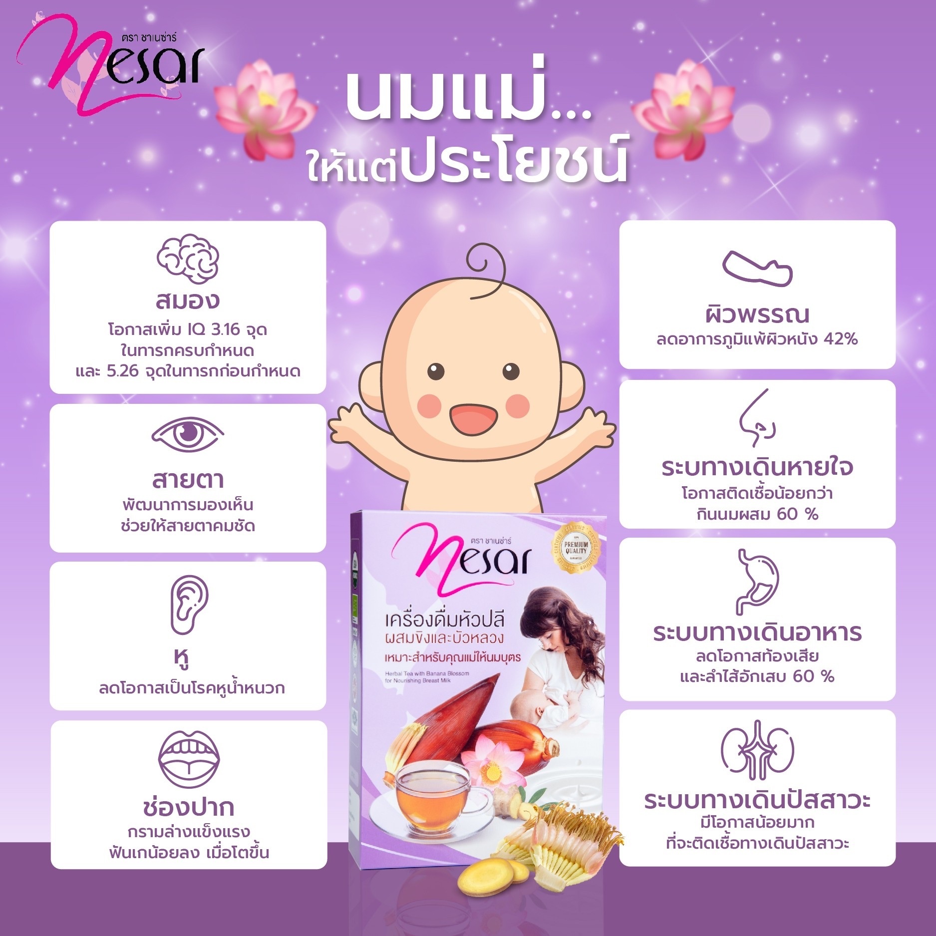 ชาเนซ่าร์ สมุนไพรเพิ่มน้ำนม กู้น้ำนม บำรุงนํ้านม สมุนไพรออร์แกนิค ชา Nesar กระตุ้นน้ำนมแม่ เป็นสมุนไพรจากหัวปลีป่า ขิง และบัวหลวง