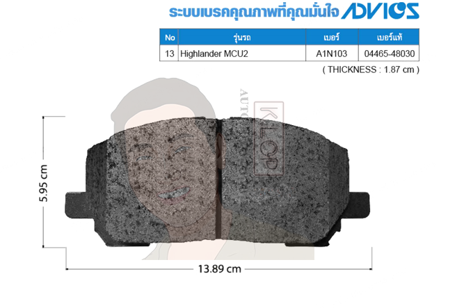 A1N103 ผ้าเบรกหน้าแท้ญี่ปุ่น ADVICS : รุ่น HIGH LANDER MCU2
