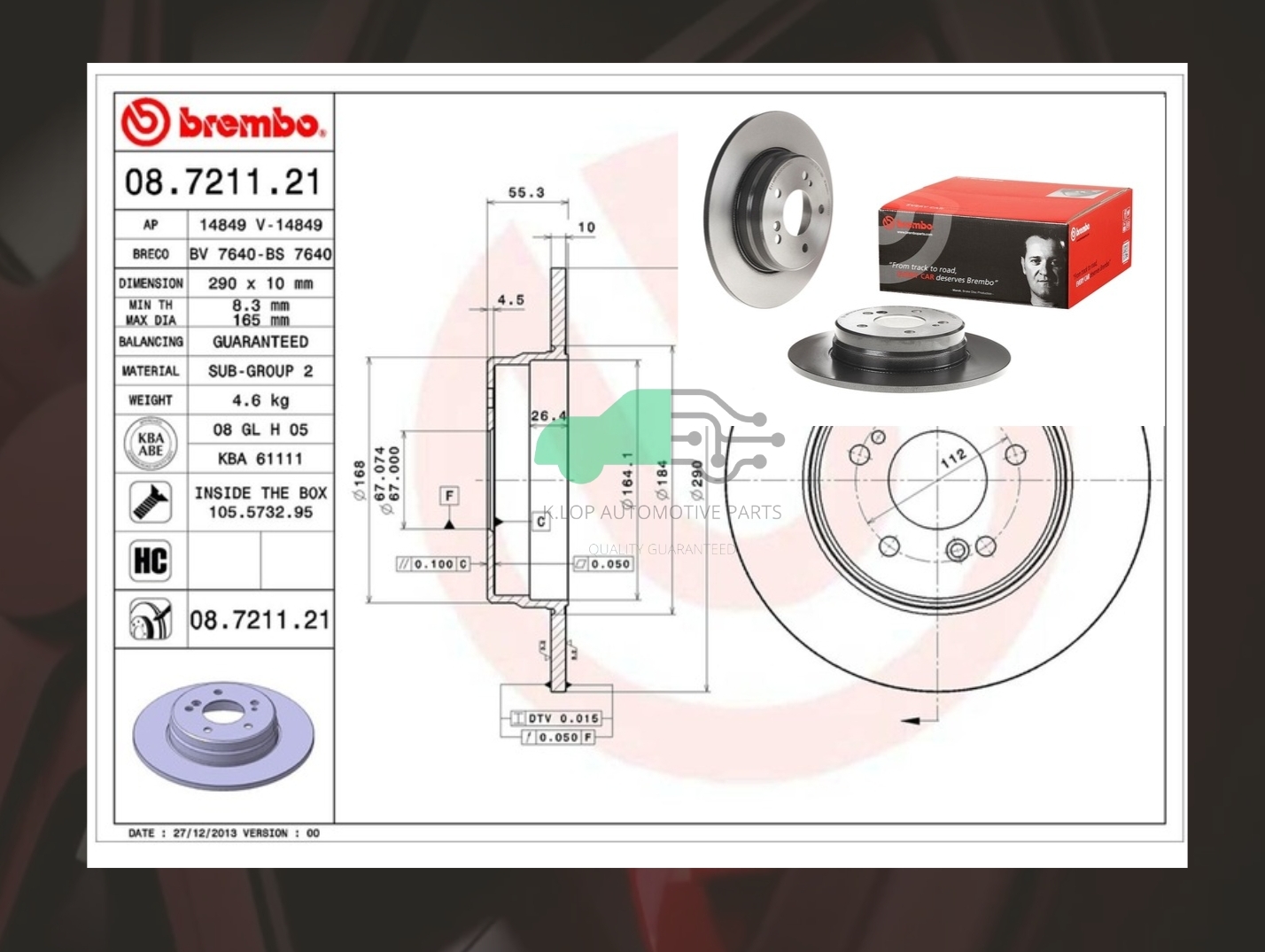 08 7211 21 จานเบรคหน้า (ยี่ห้อ BREMBO) BENZ SLK R171 (350) (HC)/36AMG C W202 (240 280 3.6) (HC) /C W203 (230 240 270 280 320), CLK C209 (HC)/E W210 (200KOM 240 280 320) (HC)