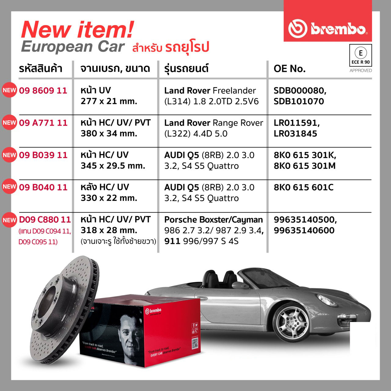 ตารางสินค้า จานเบรก(Brembo) LAND ROVER, AUDI, PORSCHE 22/05/2020
