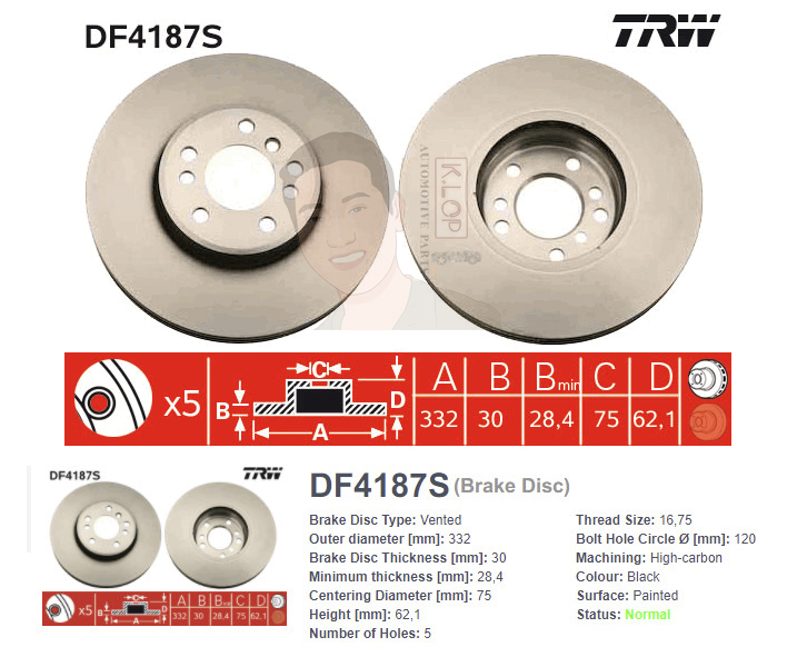DF4187S จานเบรค-ดรัมเบรค(TRW) BMW X5 E53 (3.0, 4.4 cc) <BP> ปี2000-2008 F V