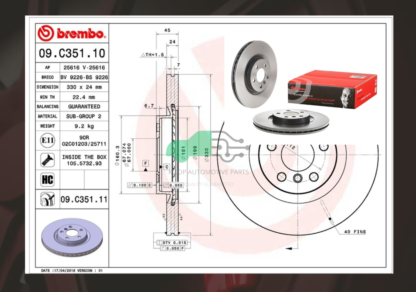 09 C351 11 จานเบรคหน้า (ยี่ห้อ BREMBO) BMW ซีรี่ส์ X1 F48 (20d), X2 F39 (20i) (HC) 15->/F60 Countryman (Cooper S ALL4) (HC) 2016-