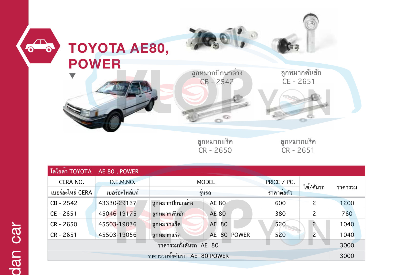 ชุด-ลูกหมากรถยนต์ CERA (รถเก๋ง sedan car) Toyota-ทุกรุ่น