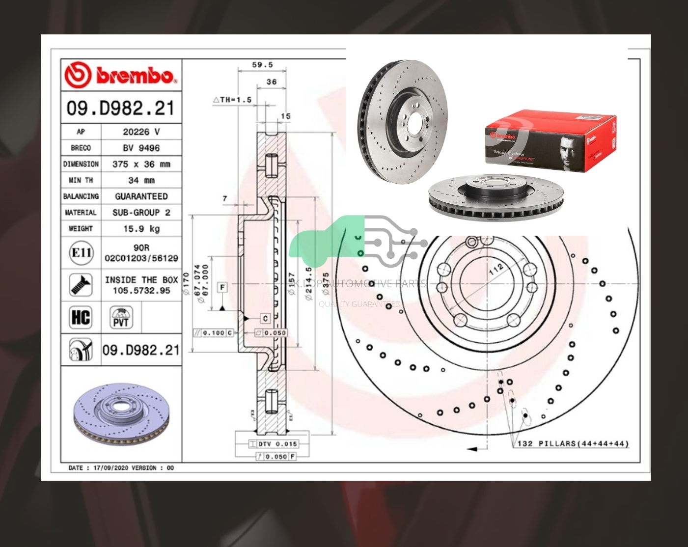D09 D982 21 จานเบรคหน้า (ยี่ห้อ BREMBO) BENZ AMG V167 C167 GLE X167 GLS เจาะรู 2019- 375 มิล