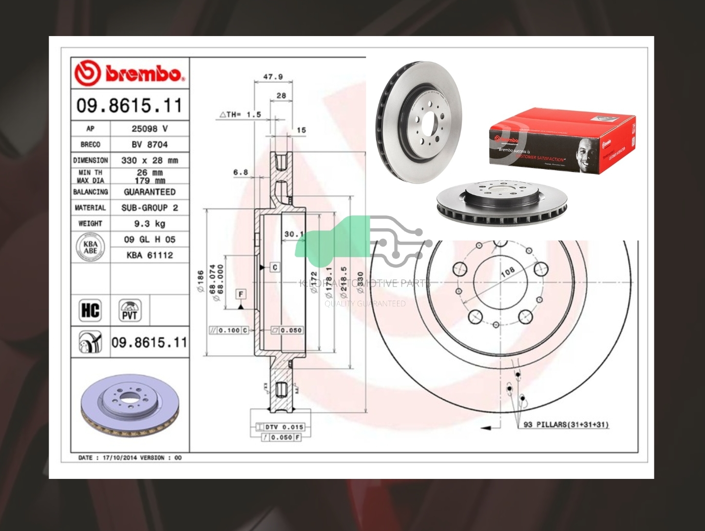 09 8615 11 จานเบรคหน้า (ยี่ห้อ BREMBO) Volvo S60 V70 (R2.5 T AWD) (HC) 98->