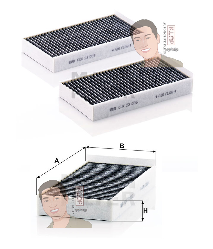 CUK23005-2 ไส้กรองแอร์ชาโคล(BMW) X1 18i (F48) ปี2015- เครื่องยนต์ B38 (MANN-FILTER***งานพรีเมี่ยมแท้นำเข้ายุโรป) Dimensions(mm.) A=232 B=116 H=32