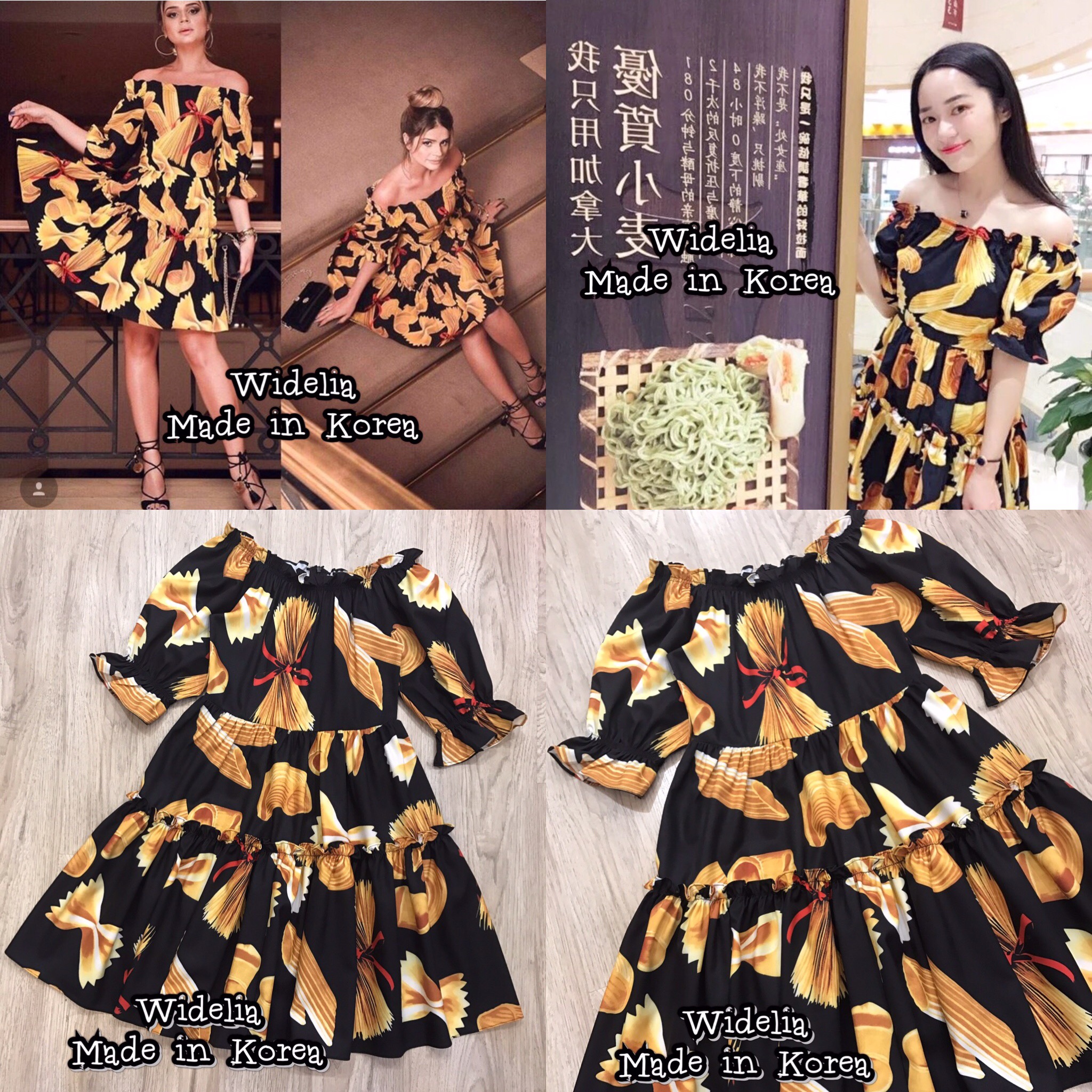 *พร้อมส่ง*D&G Dress : เดรสปาดไหล่พิมพ์ลายเส้นสปาเกตตี้ ผูกด้วยโบว์สีแดง