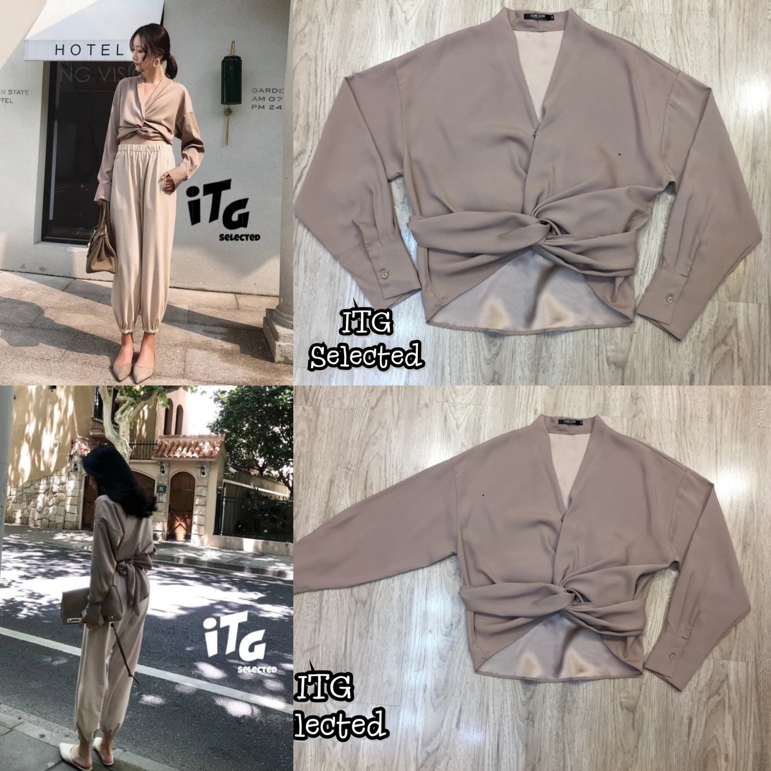 Korea Blouse>>เสื้อแขนยาว คอวี เอวผูกไขว้ซ้อนกันพันไปด้านหลัง