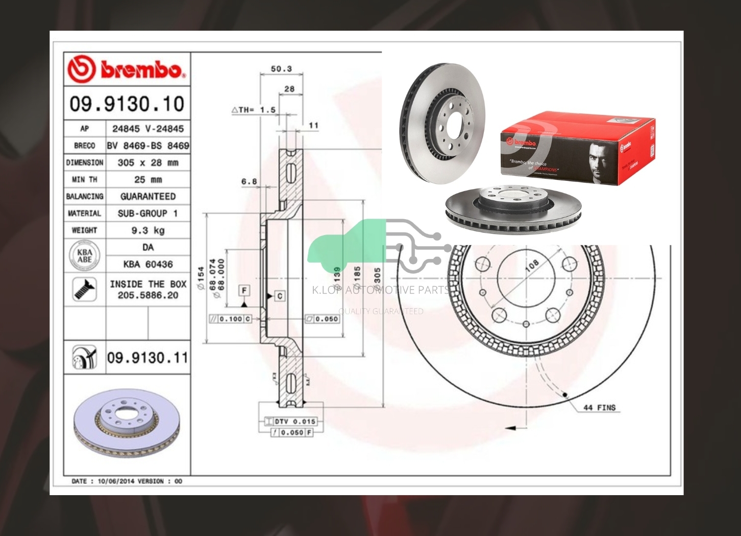 09 9130 11 จานเบรคหน้า (ยี่ห้อ BREMBO) Volvo S60 S80 V70 XC70 (ล้อ 16นิ้ว) 98->