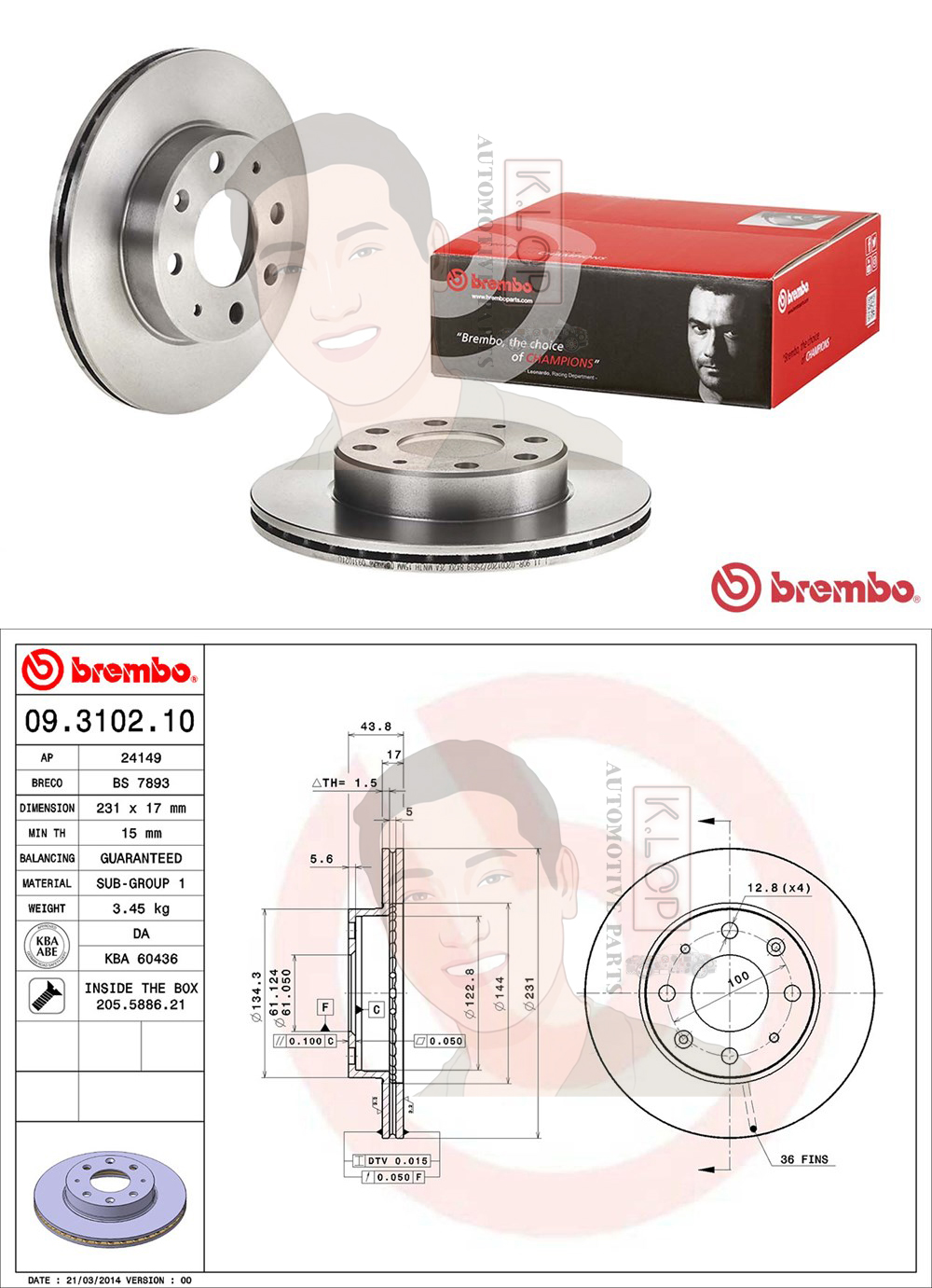 09 3102 10 จานเบรค ล้อ F (ยี่ห้อ BREMBO) รุ่น Std HONDA City TypeZ ปี1996-2002 /HONDA Civic EF EG (เตารีด) ปี1985-1991