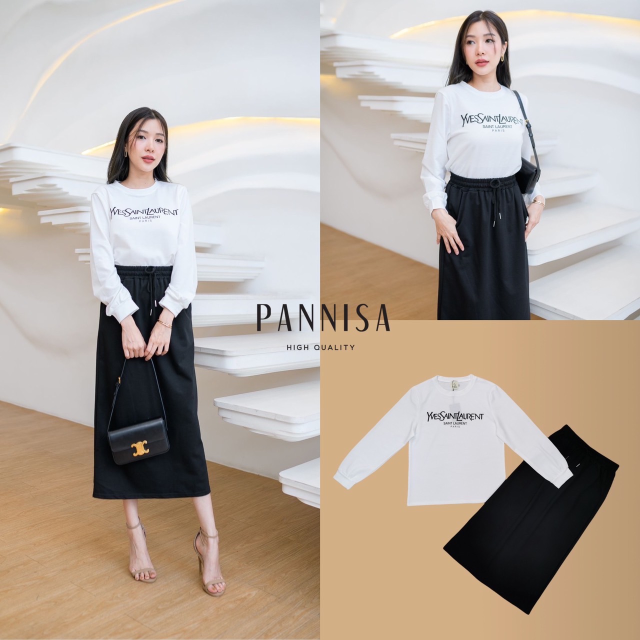 Ps0246. เซ็ทเสื้อยืดแขนยาวทรงover size เบาๆ มาพร้อมกระโปรง9ส่วน