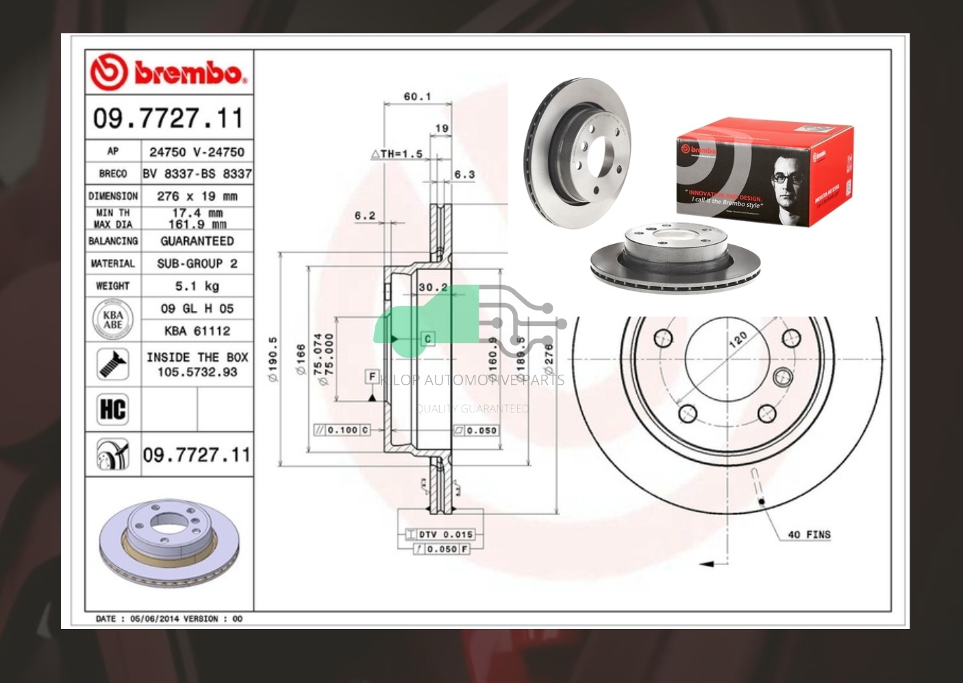 09 7727 11 จานเบรคหลัง (ยี่ห้อ BREMBO) BMW ซีรี่ส์ 3 E36 E46 (318i 323i) (HC) 95-02