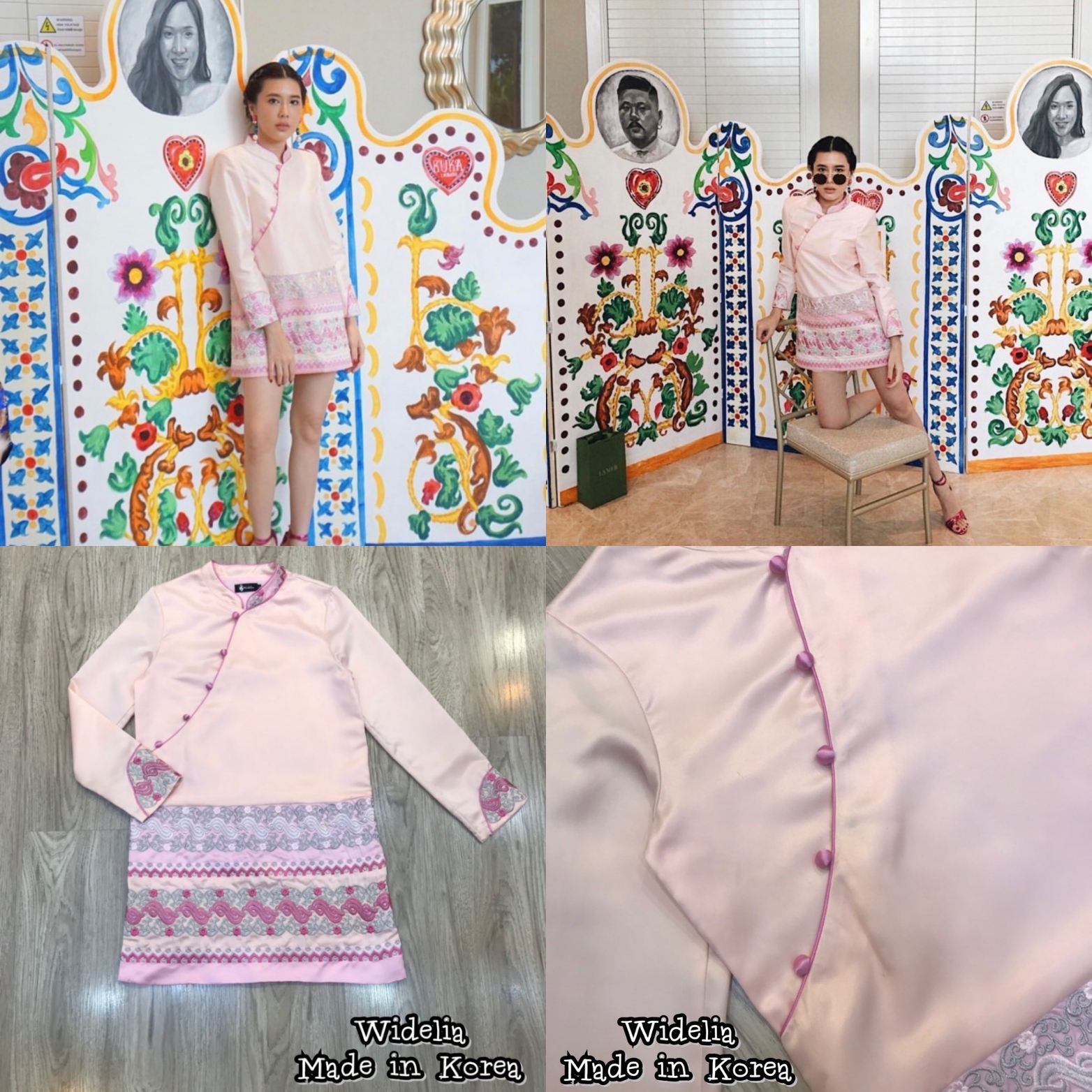 Korea Dress :: เดรสกี่เภ้าแขนยาวตัวสวย คอจีนแต่งกระดุมจีนสีชมพู