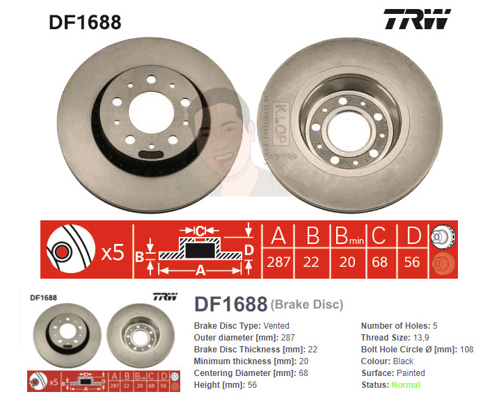 DF1688 จานเบรค-ดรัมเบรค(TRW) VOLVO 940, 960 (NON ABS) BX ปี1990-1994 F V