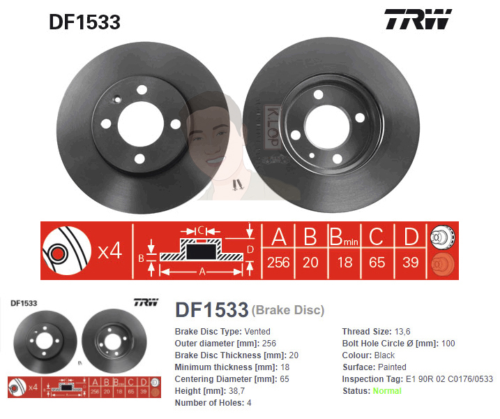 DF1533 จานเบรค-ดรัมเบรค(TRW) VW PASSAT 1.8 (3A2), 2.0 (B4) ปี1990-1997 F V