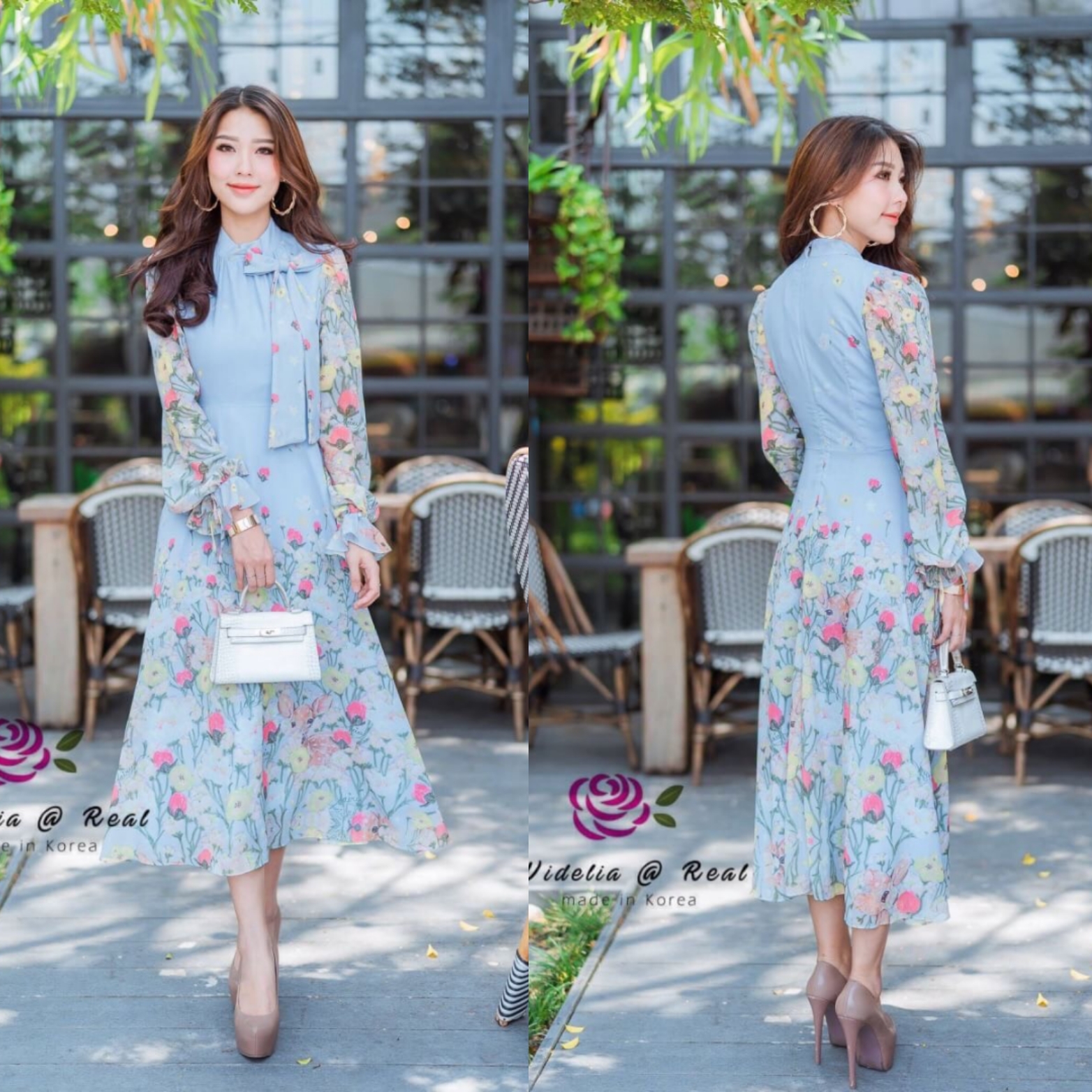 FRGM Dress เดรสแขนยาวเนื้อผ้าพิมพ์ลายทั้งตัว
