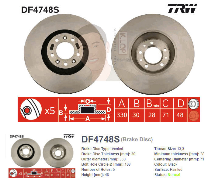 DF4748S จานเบรค-ดรัมเบรค(TRW) PEUGEOT 407 2.2 ปี2004> F V