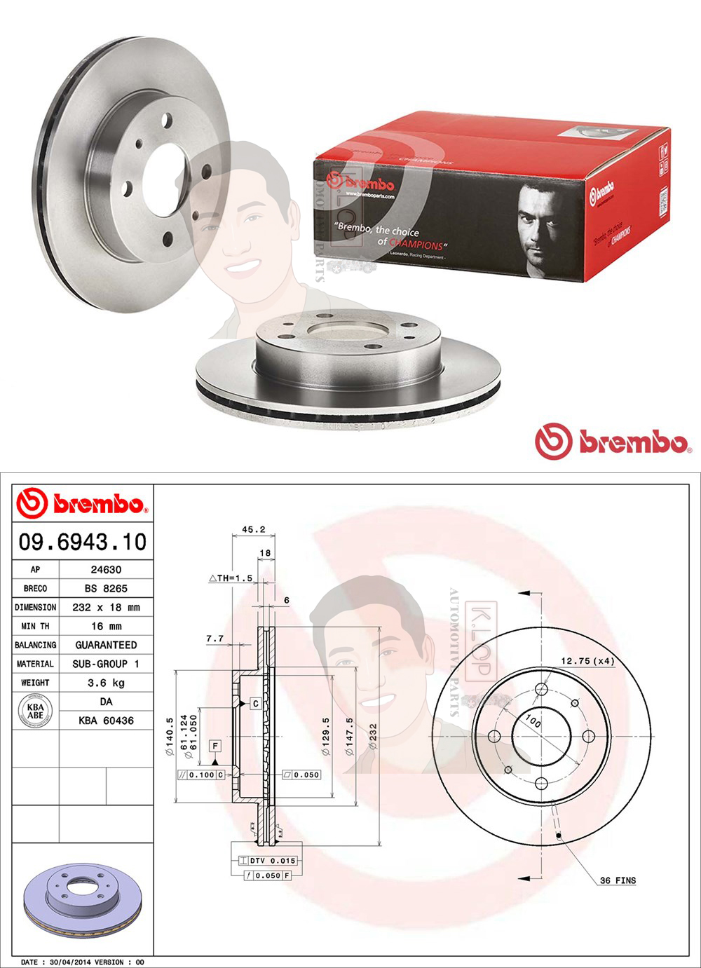 09 6943 10 จานเบรค ล้อ F (ยี่ห้อ BREMBO) รุ่น Std NISSAN Sunny B14 ปี 1995-2000