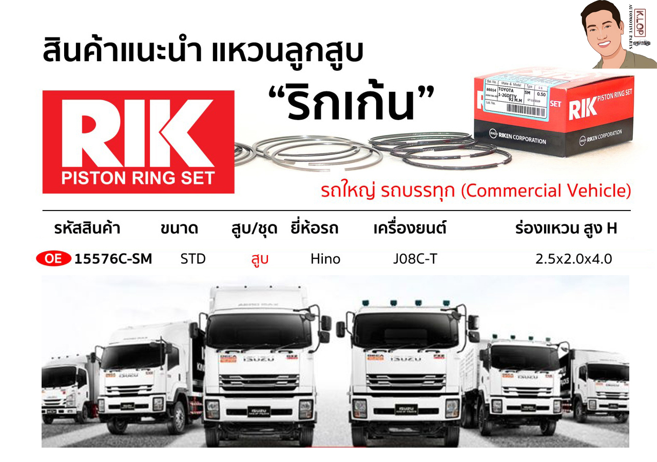 OE 15576C-SM แหวนลูกสูบ(RIK-ริกเก้น) ขนาด STD สูบ Hino เครื่องยนต์ JO8C-T ร่องแหวน สูง H 2.5x2.0x4.0