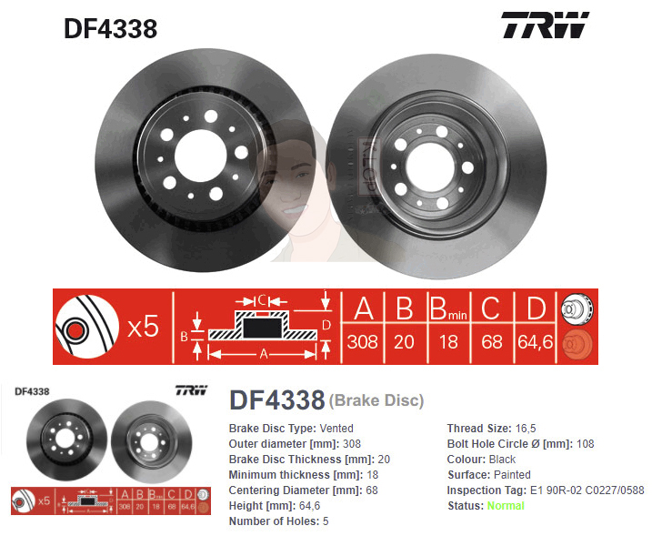 DF4338 จานเบรค-ดรัมเบรค(TRW) VOLVO XC90 2.5T, 3.0, D5 ปี2003> R V