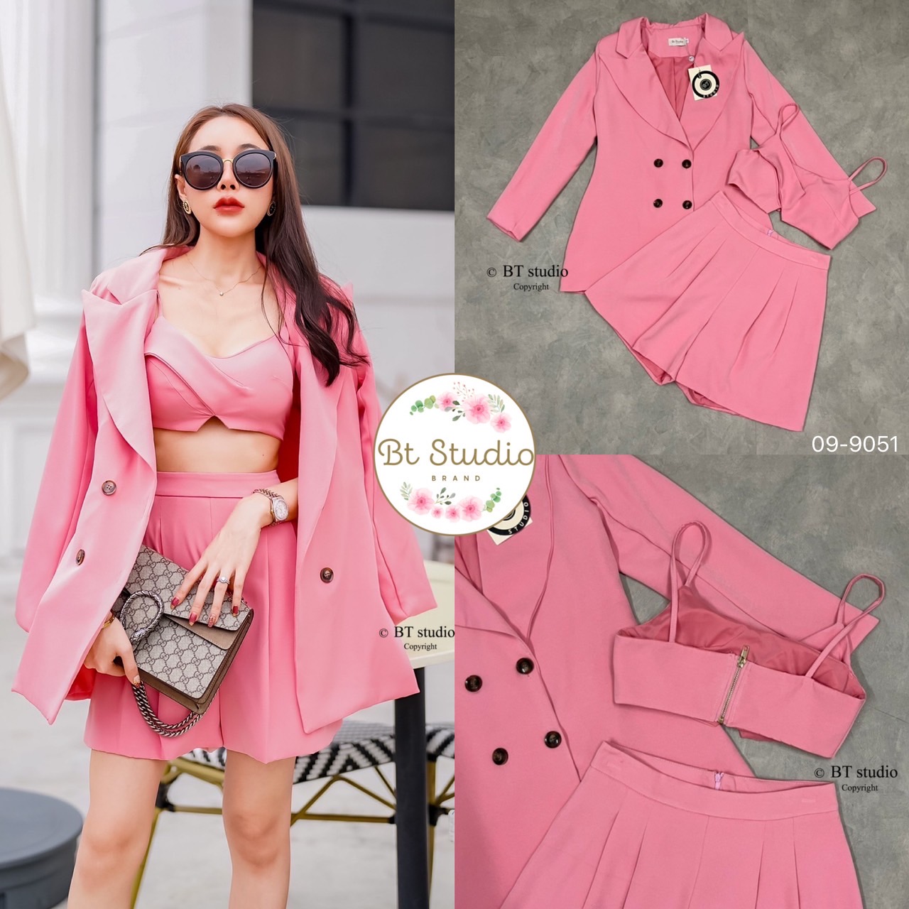 09-9050 เซท 3 ชิ้น เสื้อครอปสายเดี่ยว ซิปหลัง มาพร้อมเบเซอร์แต่งกระดุม 4 เม็ด