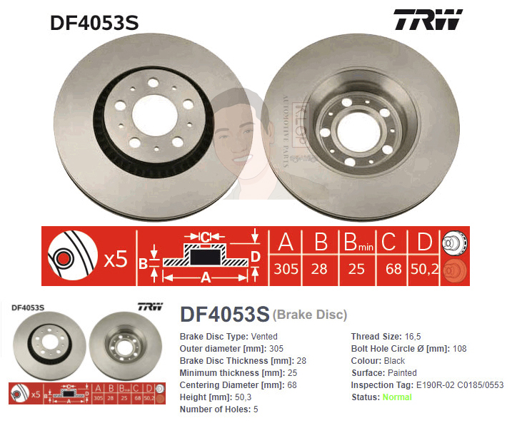 DF4053S จานเบรค-ดรัมเบรค(TRW) VOLVO S60 ปี2000 /S80 ปี1998 /V70 XC70 ปี2000 (ขนาด16"นิ้ว) ปี1998-2006 F V