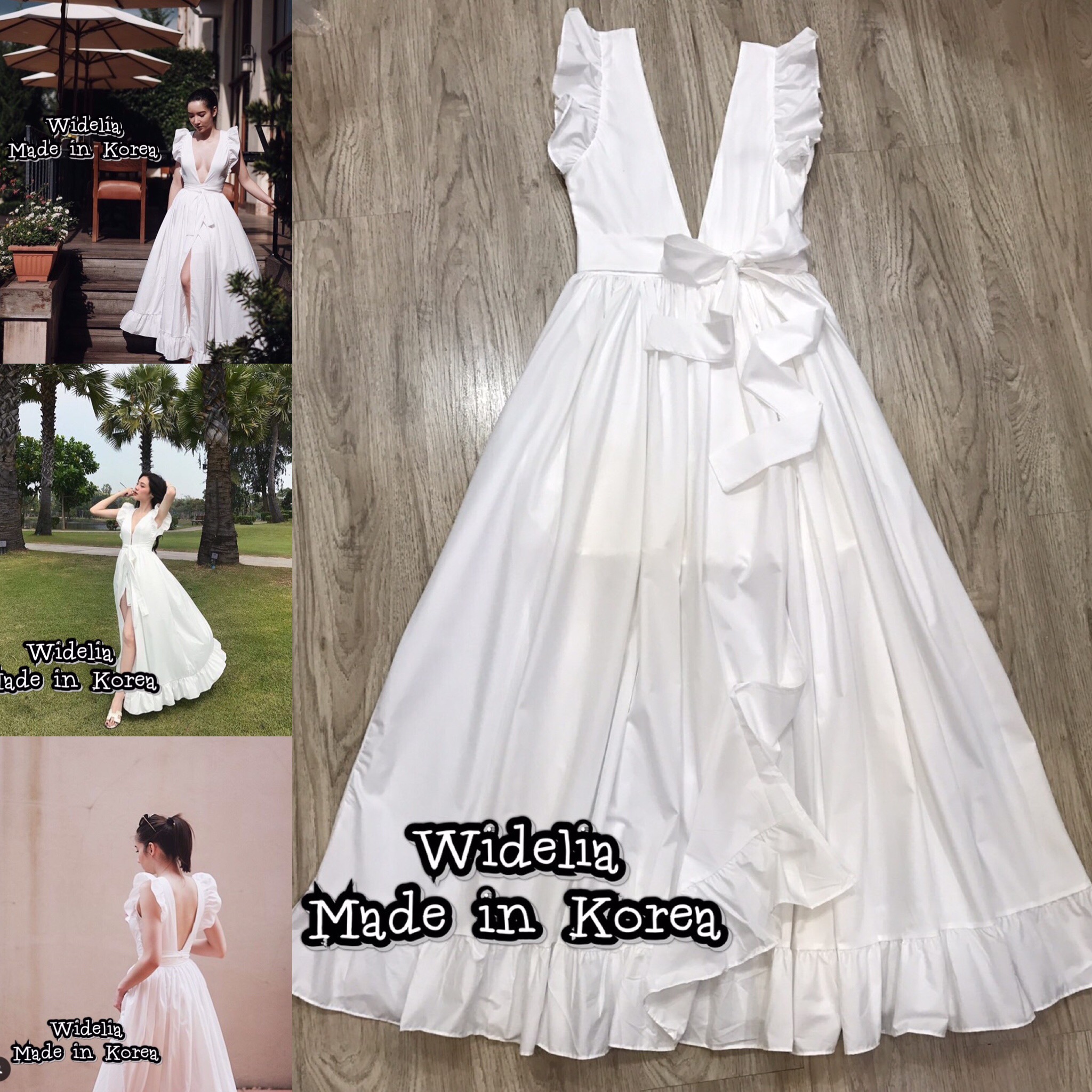 *พร้อมส่ง*Korea Style Dress :: เดรสตัวยาวคอวีผ่าลึก แขนแต่งระบายรอบแขน