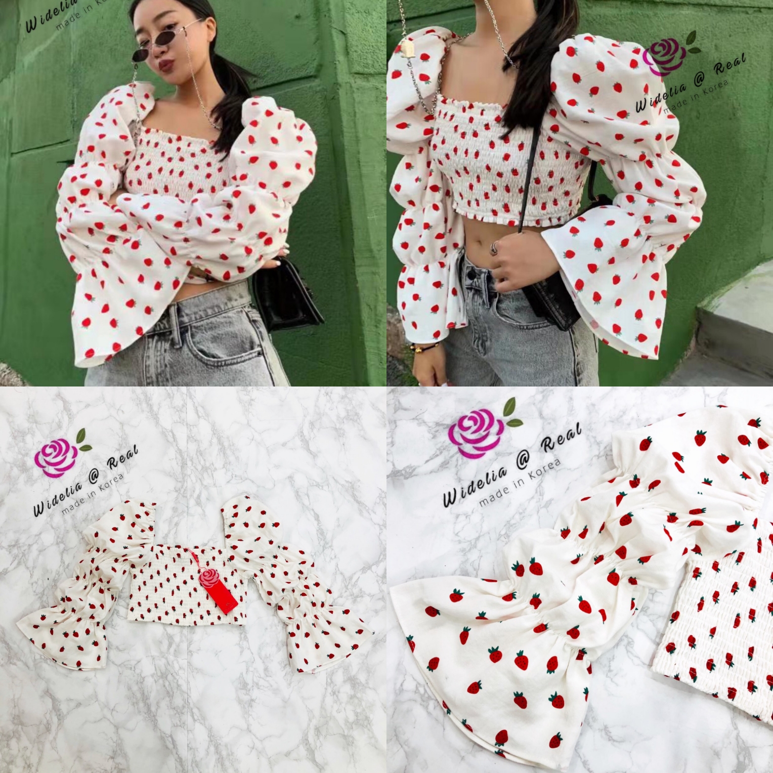 Korea Top เสื้อครอปแขนยาวตัวสวย ลายสตอเบอรี่น่ารัก