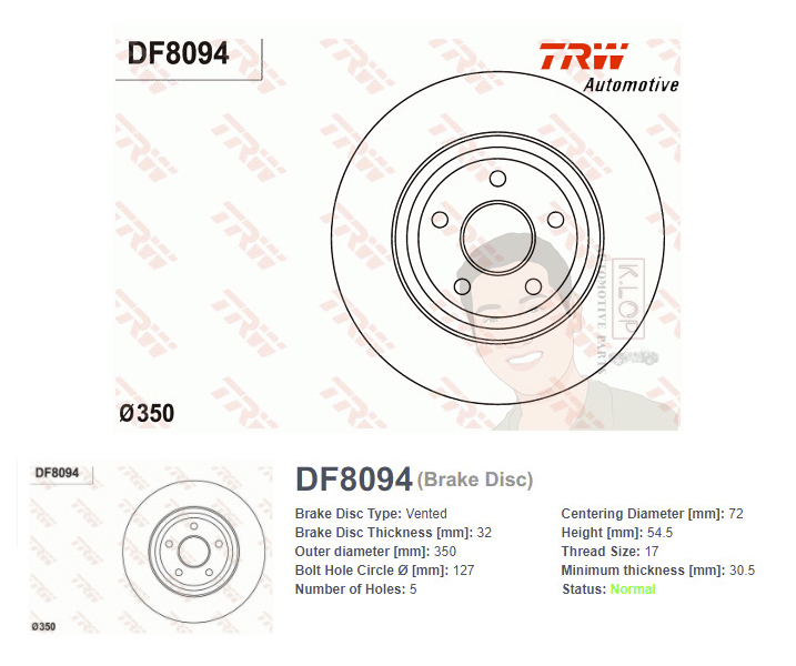 DF8094 จานเบรค-ดรัมเบรค(TRW) JEEP GRAND CHEROKEE 3.6 (WK) V6 4X4 ปี2010> F V