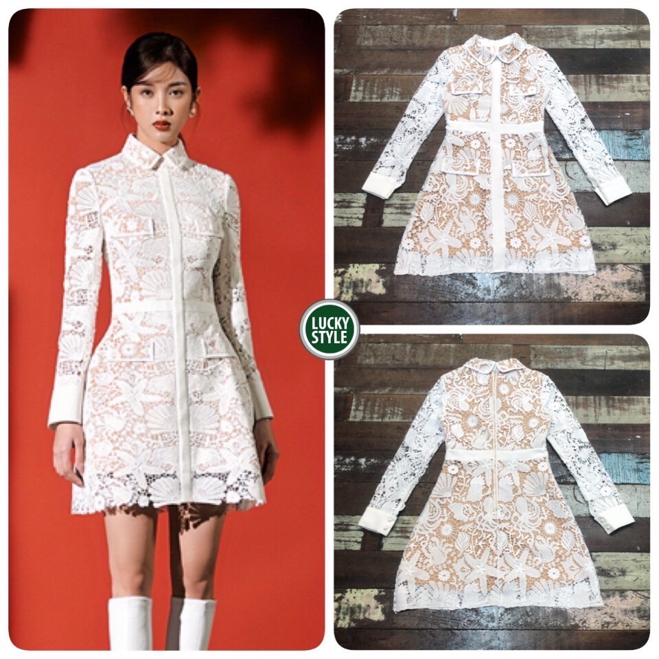 SPT dress เดรสลูกไม้ แต่งคอปกบัวแขนยาว
