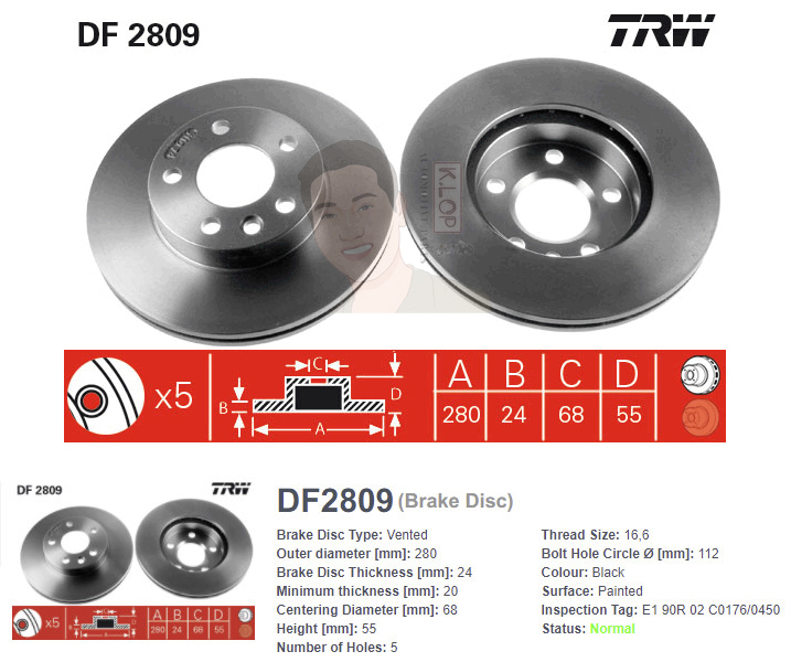 DF2809 จานเบรค-ดรัมเบรค(TRW) VW BUS CARAVELLE T4 (2.5GL / VR6 2.8) ปี1995-1999 F V