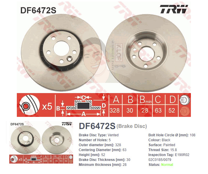 DF6472S จานเบรค-ดรัมเบรค(TRW) VOLVO XC60 (156) ปี2011-2017 F V