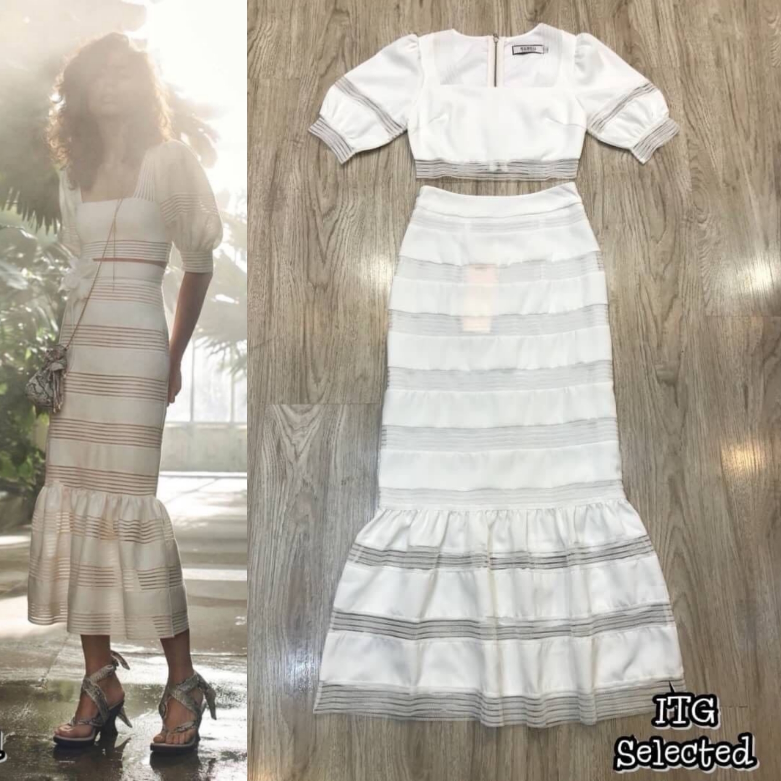 Korea Set :: เสื้อครอปคอเหลี่ยม แขนพอง สุดคูลซีทรู
