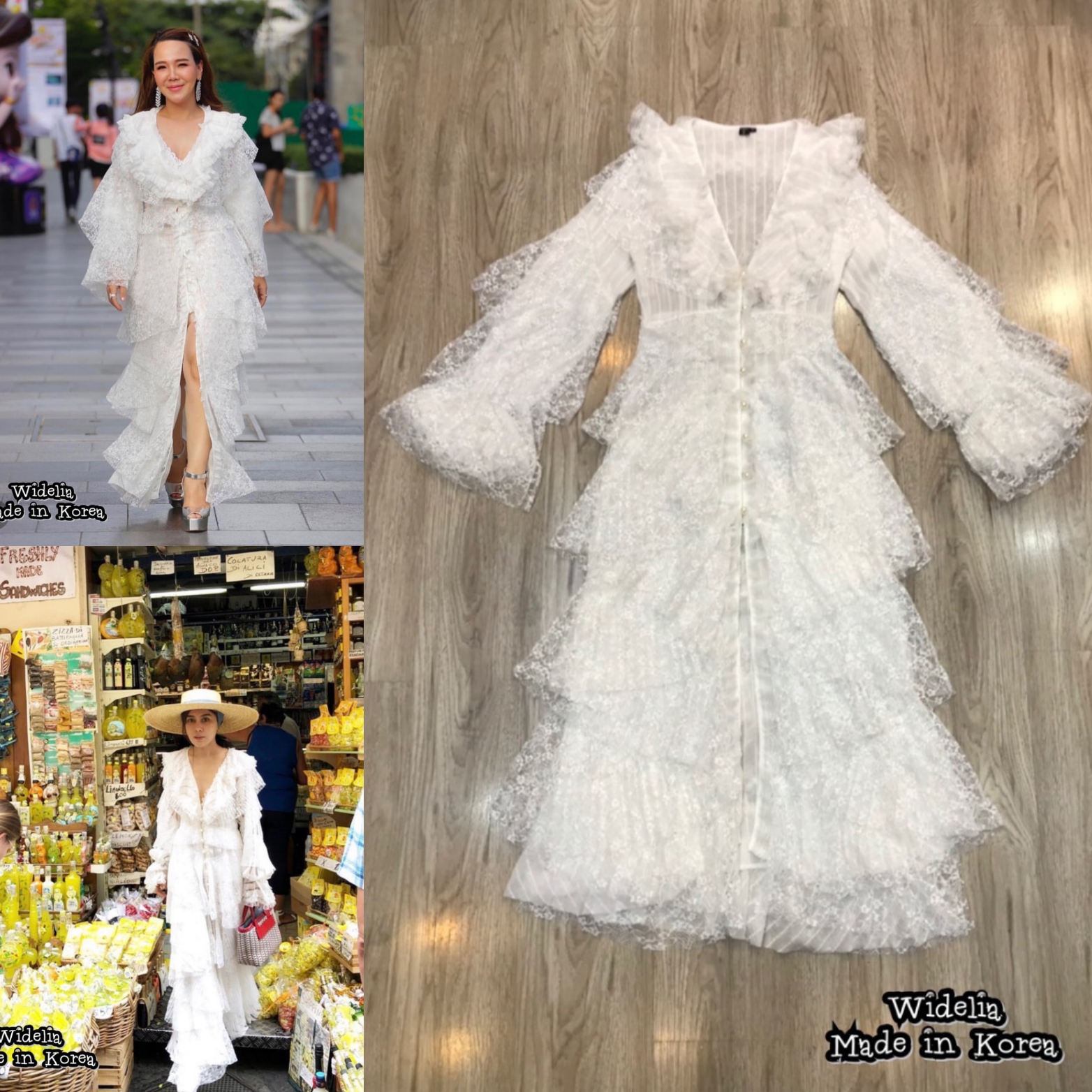 LM Dress :: เดรสคอวีแต่งระบายลูกไม้ แขนยาวจั๊มระบายปลายแขน