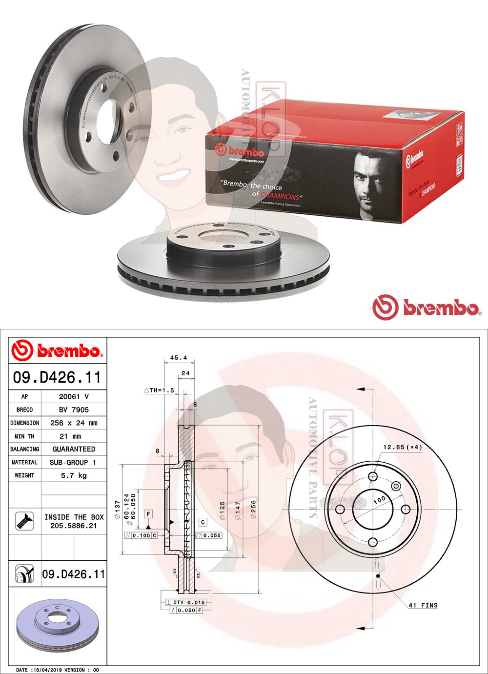 09 D426 11 จานเบรค ล้อ F (ยี่ห้อ BREMBO) Chevrolet Sonic 1.2 1.4 1.6 ปี 12-