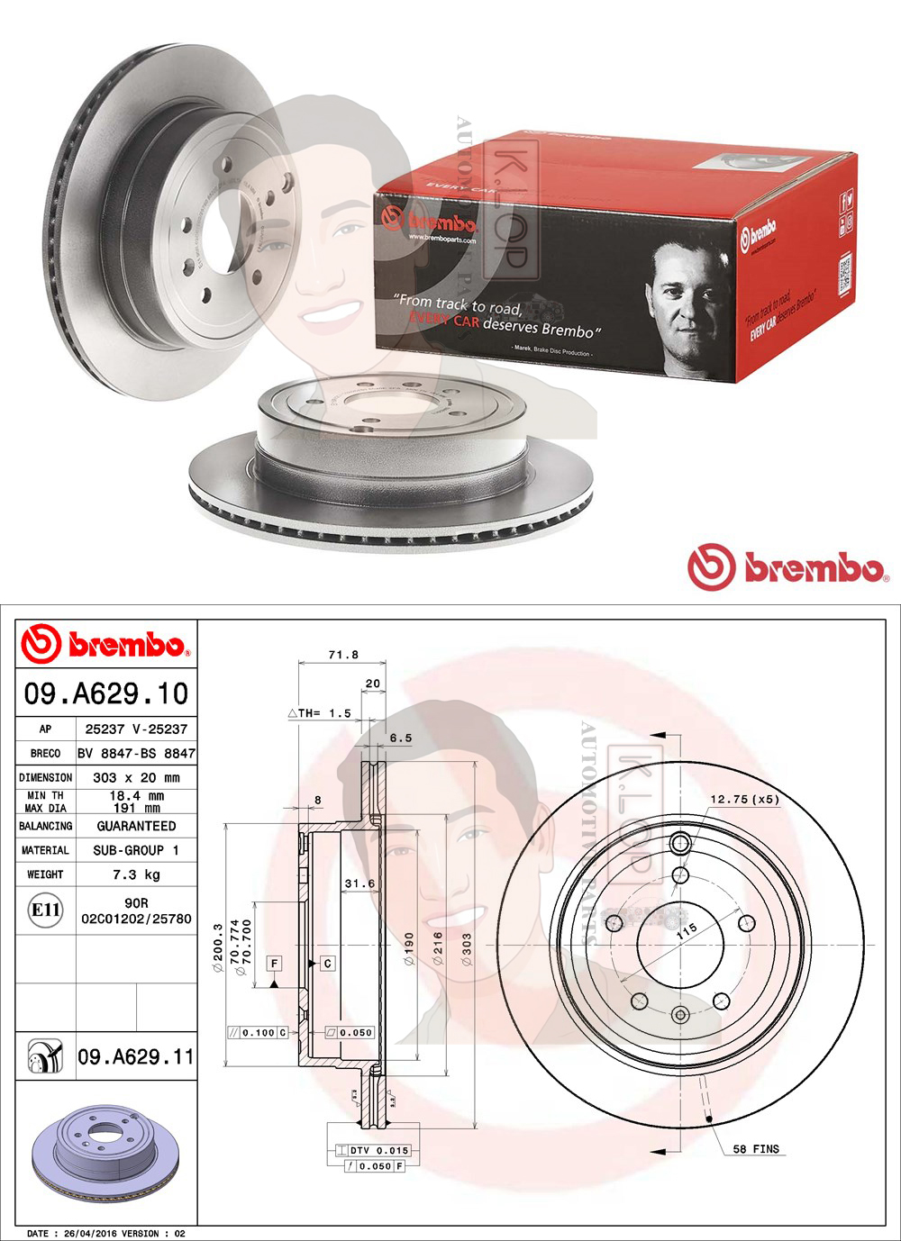09 A629 11 จานเบรค ล้อ R (ยี่ห้อ BREMBO) รุ่น UV Chevrolet Captiva ปี 2006->