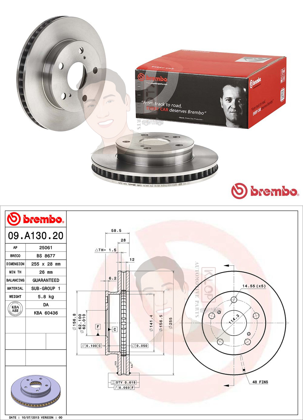 09 A130 20 จานเบรค ล้อ F (ยี่ห้อ BREMBO) รุ่น Std TOYOTA Vigo 4x2 2.5 TD ปี 2004->