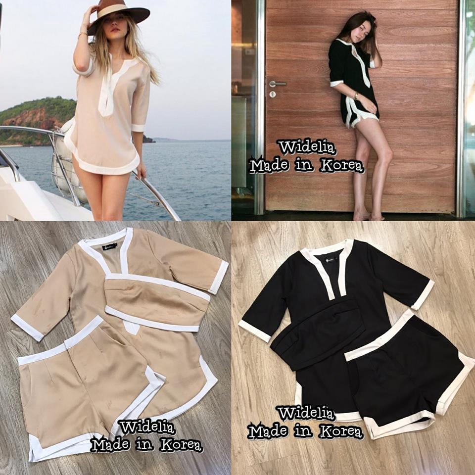 *พร้อมส่ง*Korea Style Set :: เสื้อคอวีแขนศอกกับกางเกงขาสั้นเข้ากับตัวเสื้อ