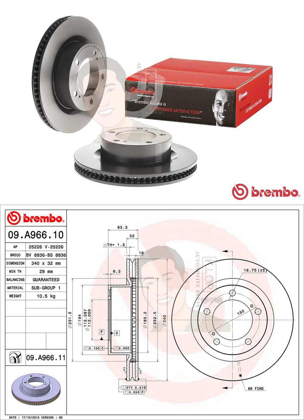 09 A966 11 จานเบรค ล้อ F (ยี่ห้อ BREMBO) รุ่น UV TOYOTA Land Cruiser 200 ปี 2007 / LEXUS LX (URJ201) ปี 2007->