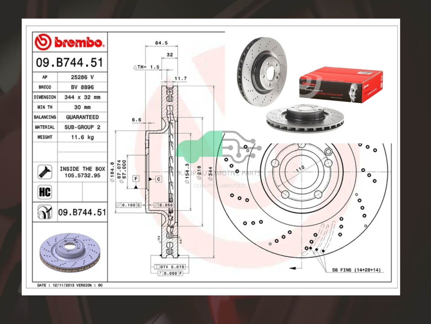D09 B744 51 จานเบรคหน้า (ยี่ห้อ BREMBO) BENZ SLK R172 (250 350) (HC)/E W212 (350 4Matic) (เจาะรู) (HC)