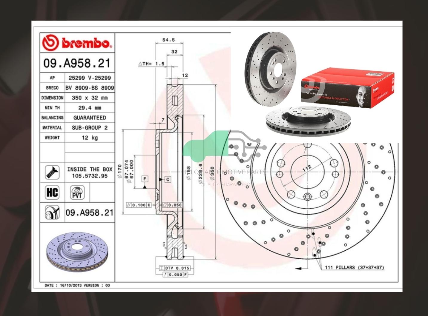 D09 A958 21 จานเบรคหน้า (ยี่ห้อ BREMBO) BENZ W166 ML GLE เจาะรู 12-15