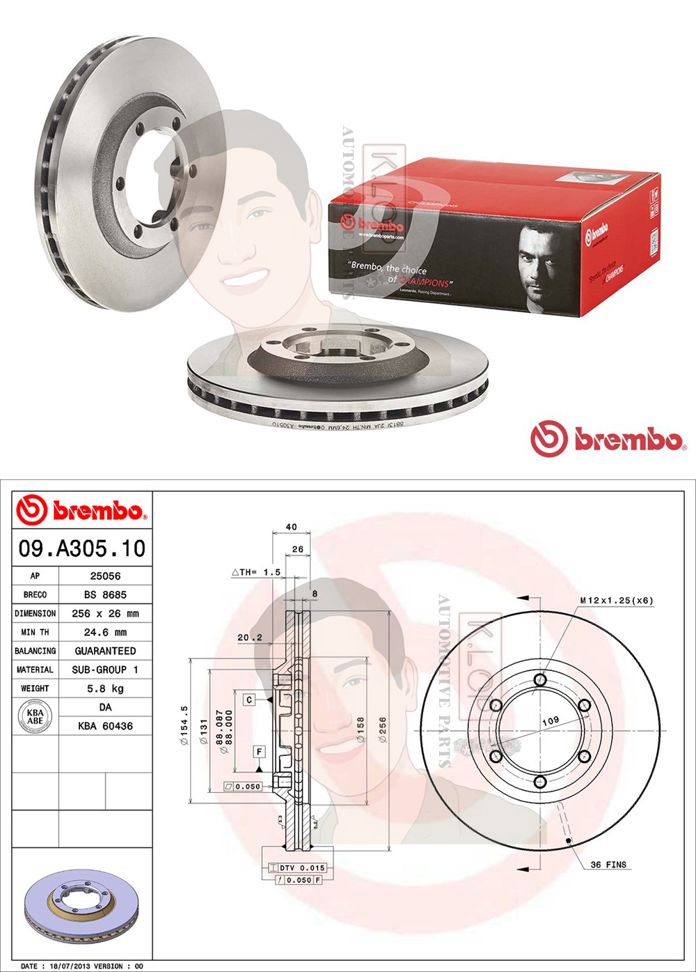 09 A305 10 จานเบรค ล้อ F (ยี่ห้อ BREMBO) รุ่น Std Chevrolet Colorado 4x2 ปี 2002->/D-MAX 4x2, Gold 4x2 '07-12, Platinum 4x2