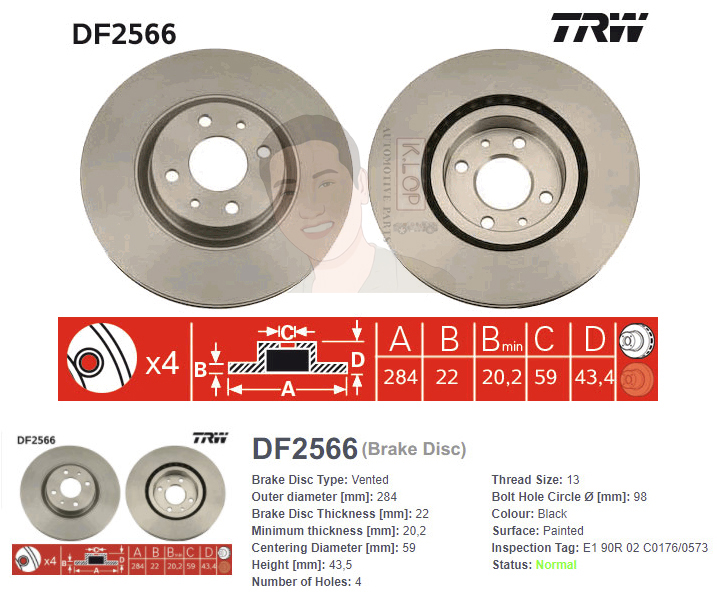 DF2566 จานเบรค-ดรัมเบรค(TRW) FIAT 500 Abarth 1.4 ปี2009 F V